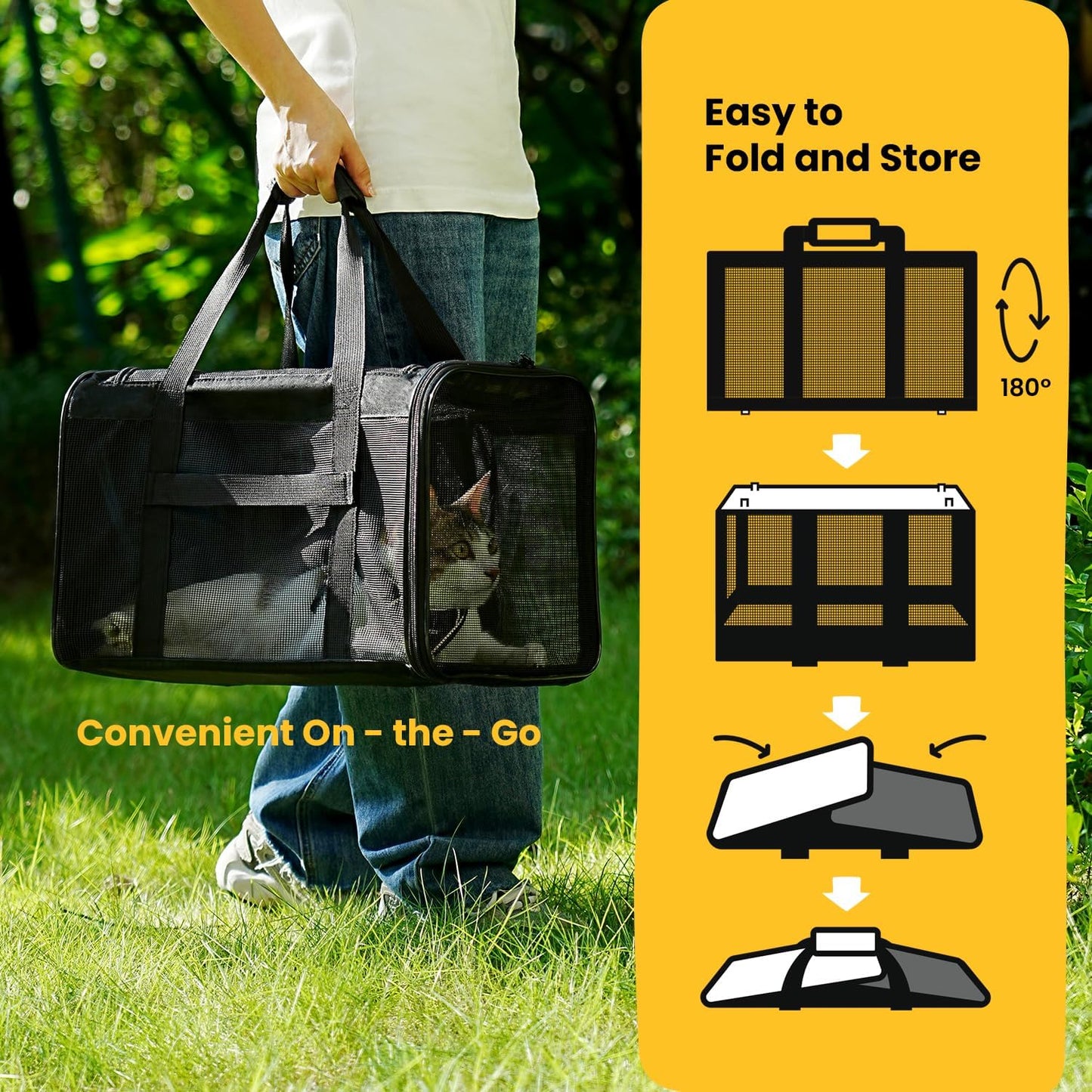 Premium Soft-Sided Cat Carrier Bag - Airline Approved Pet Travel Carrier for Small & Medium Cats and Puppies up to 15lbs - Collapsible Design with 4-Sided Mesh for Ultimate Comfort