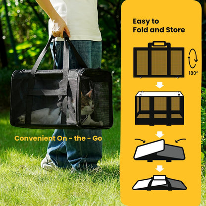 Premium Soft-Sided Cat Carrier Bag - Airline Approved Pet Travel Carrier for Small & Medium Cats and Puppies up to 15lbs - Collapsible Design with 4-Sided Mesh for Ultimate Comfort