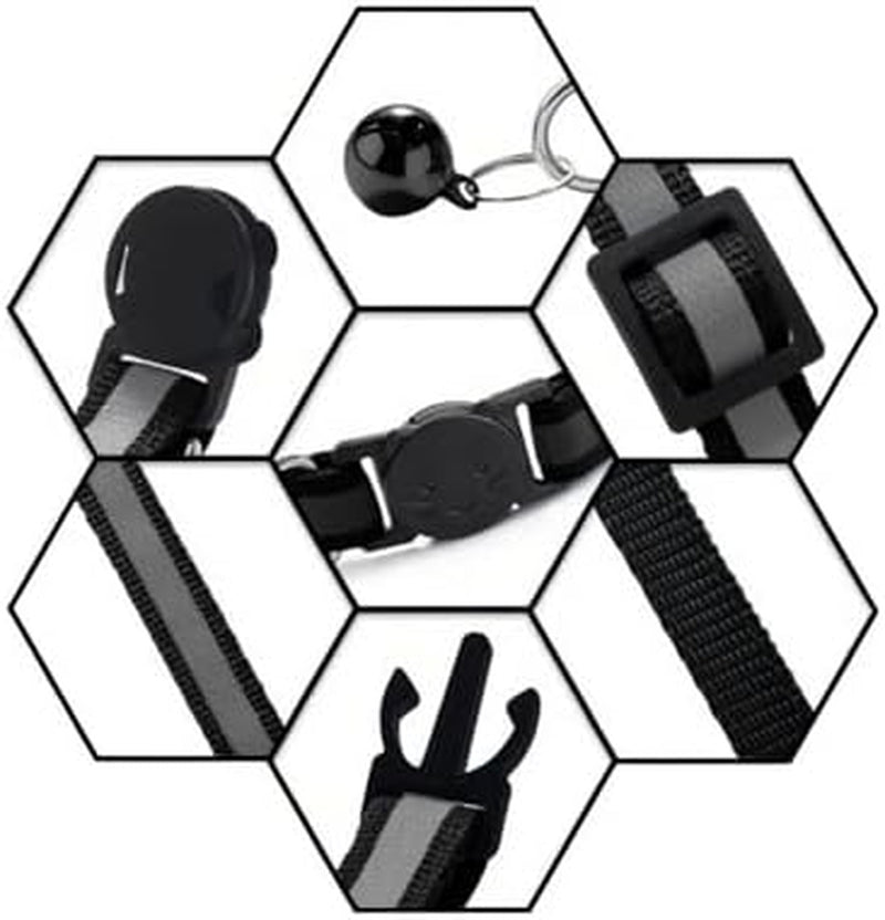 Breakaway Cat Collars - 2 Pack with Bells, Reflective Design & Adjustable Safety Buckle (7.5-12.5 Inches, Black)