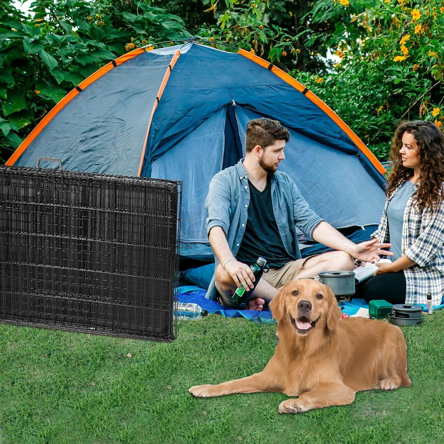 36" Double Door Portable Dog Crate - Metal Wire Kennel with Secure Lock, Leak-Proof Pan, and Foldable Design for Indoor Training & Outdoor Travel