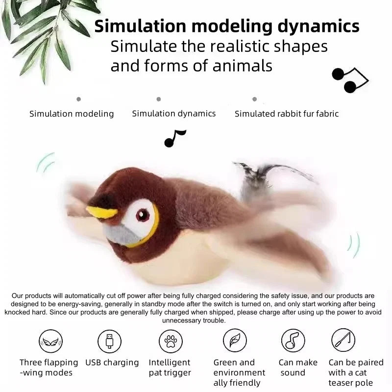 Upgraded Interactive Chirping Bird Cat Toy with Flapping Wings - Electric Sparrow for Indoor Hunting Fun!