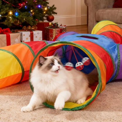 Rainbow Cat Tunnel with Play Ball & Toy Mouse - Collapsible S-Shape Interactive Tube for Cats, Kittens, Rabbits & Puppies - Perfect Christmas Gift!