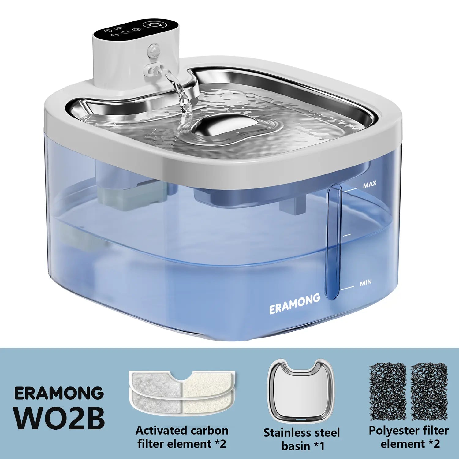 ERAMONG Smart Indoor Wireless Pet Water Fountain - 3.5L Battery-Powered with Stainless Steel Tray, Motion Sensor, and 4-Layer Filtration System for Cats and Dogs