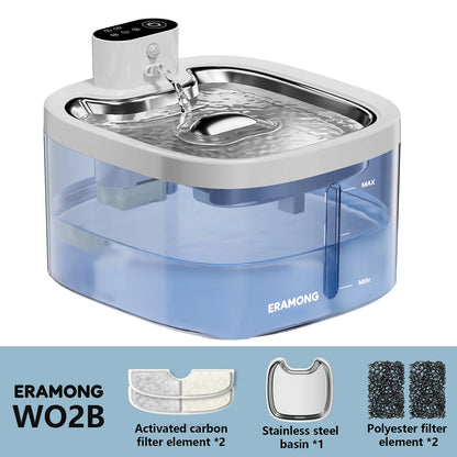 ERAMONG Smart Indoor Wireless Pet Water Fountain - 3.5L Battery-Powered with Stainless Steel Tray, Motion Sensor, and 4-Layer Filtration System for Cats and Dogs